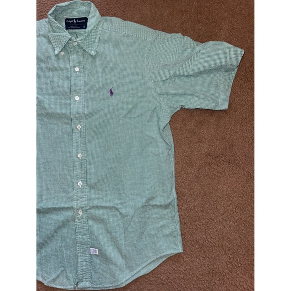 VTG‎ Ralph Lauren Button Up Men's Medium Green White Short Sleeve Gingham Shirt - Picture 2 of 8